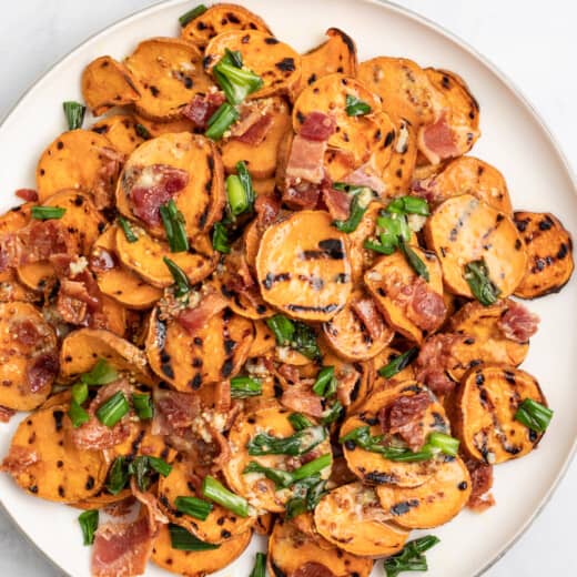 Plate with healthy sweet potato salad.