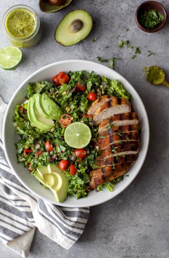 Up your Salad game this summer with this MEXICAN CHOPPED SALAD filled with kale, grilled vegetables, avocado grilled chipotle chicken then drizzled with a POBLANO DRESSING. This quick easy salad is light, flavorful, gluten and dairy free!