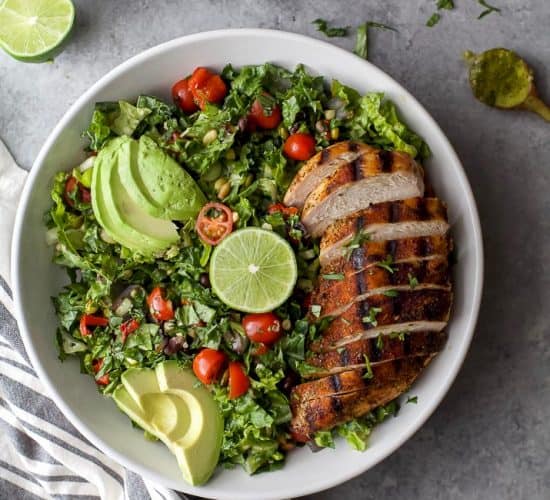Up your Salad game this summer with this MEXICAN CHOPPED SALAD filled with kale, grilled vegetables, avocado grilled chipotle chicken then drizzled with a POBLANO DRESSING. This quick easy salad is light, flavorful, gluten and dairy free!