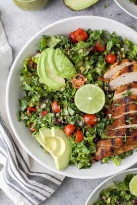 Up your Salad game this summer with this MEXICAN CHOPPED SALAD filled with kale, grilled vegetables, avocado grilled chipotle chicken then drizzled with a POBLANO DRESSING. This quick easy salad is light, flavorful, gluten and dairy free!