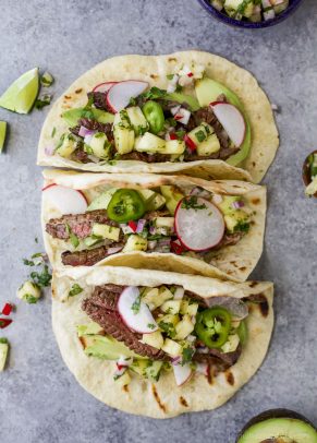 steak tacos with radish pineapple salsa