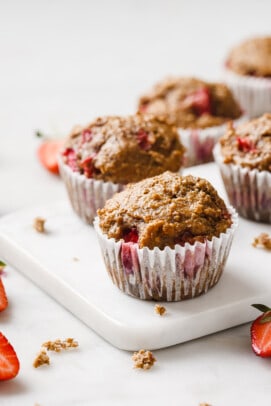 Close-up of a healthy strawberry muffin.