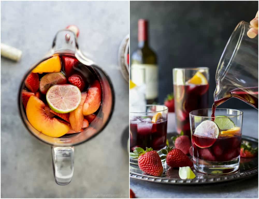 Strawberry Summer Sangria filled with fresh strawberries, peaches and loads of citrus! This Summer Sangria served over ice is a light refreshing cocktail you'll want around at your next party!