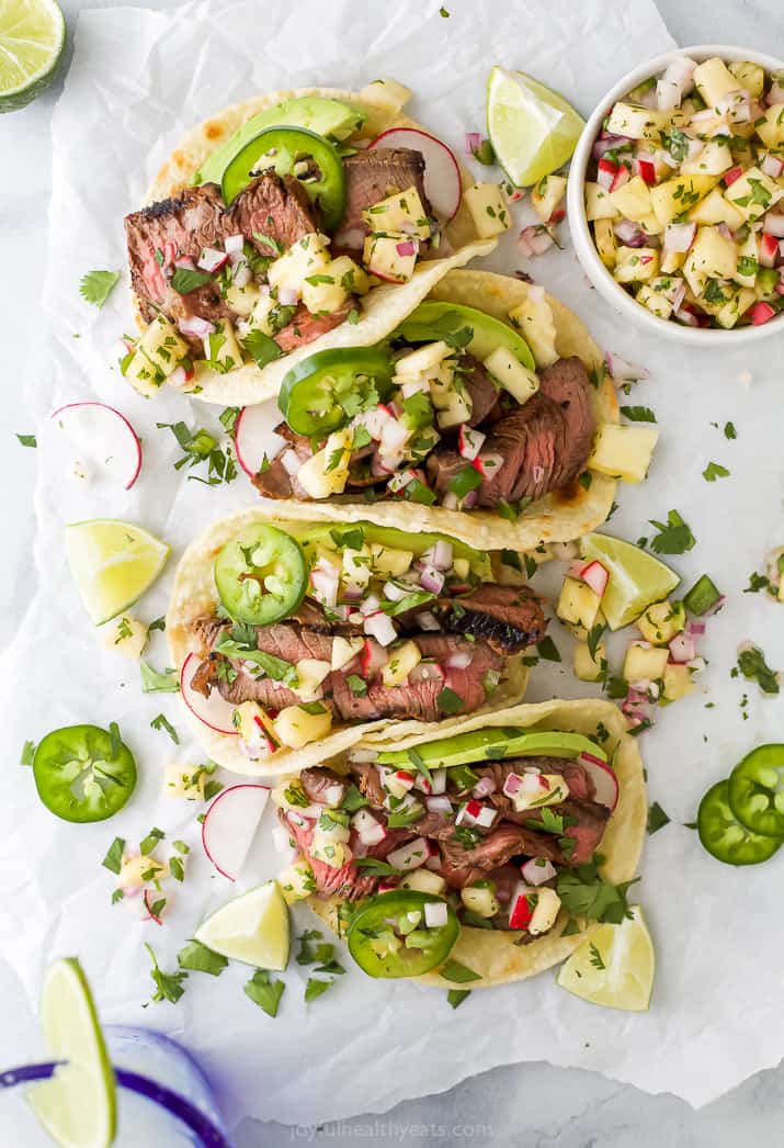 four steak tacos with pineapple salsa