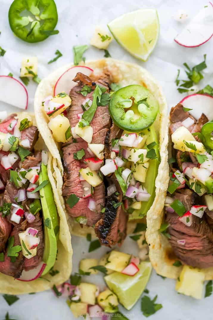 close up of marinated steak tacos