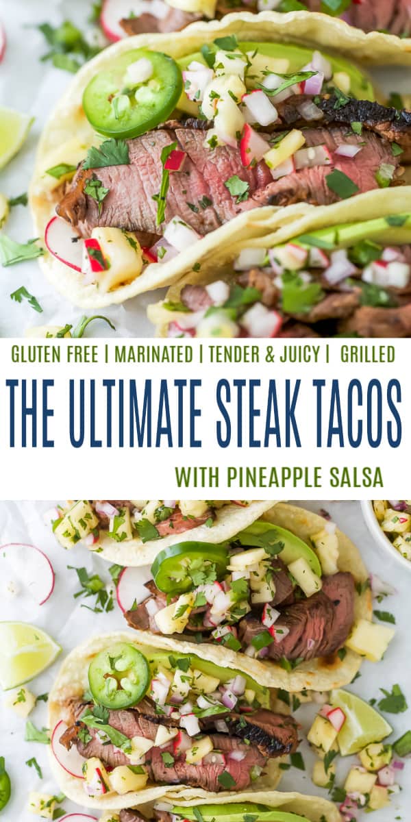 pinterest collage for steak tacos with pineapple salsa