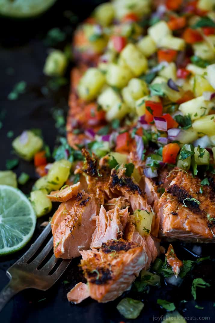 Close-up of Chili Lime Grilled Salmon with fresh pineapple salsa