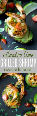 Easy 30 Minute Grilled Cilantro Lime Shrimp served in a Grilled Avocado Boat. This light & flavorful recipe makes the perfect party appetizer or main dish for the summer!