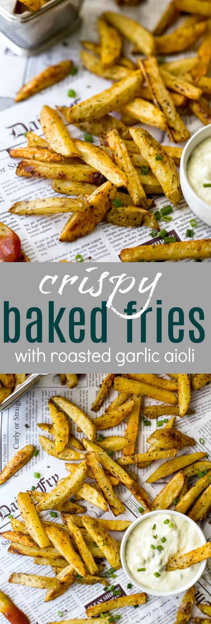 Crispy Baked Fries with Roasted Garlic Aioli on sheets of newspaper