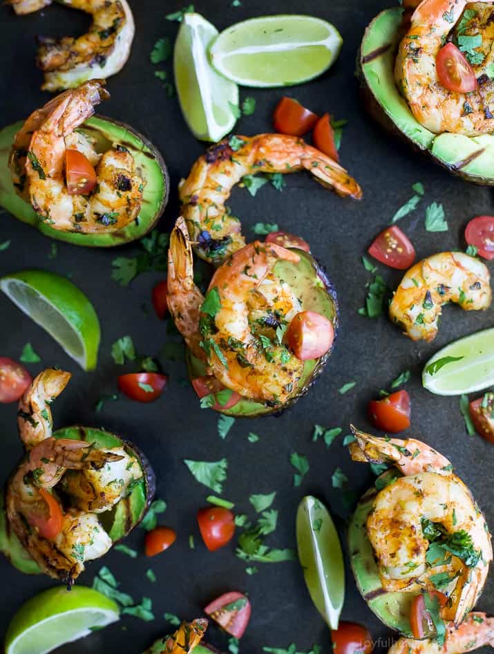 Top view of Grilled Cilantro Lime Shrimp served in Grilled Avocado Boats