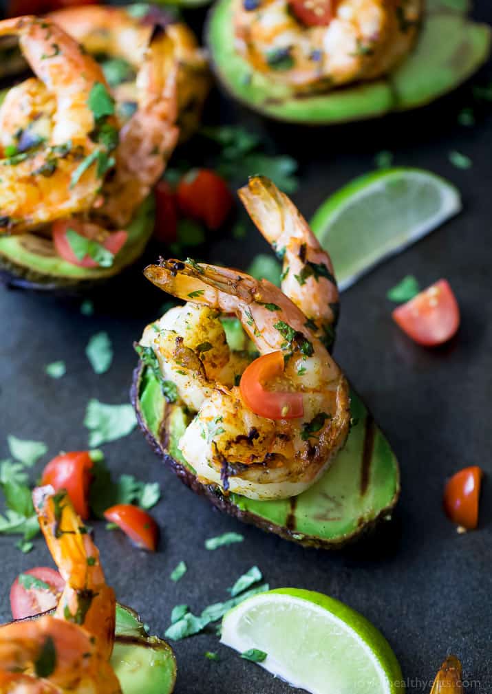 Top view of Grilled Cilantro Lime Shrimp served in a Grilled Avocado Boat