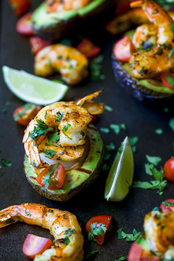 Close-up view of Grilled Cilantro Lime Shrimp served in a Grilled Avocado Boat