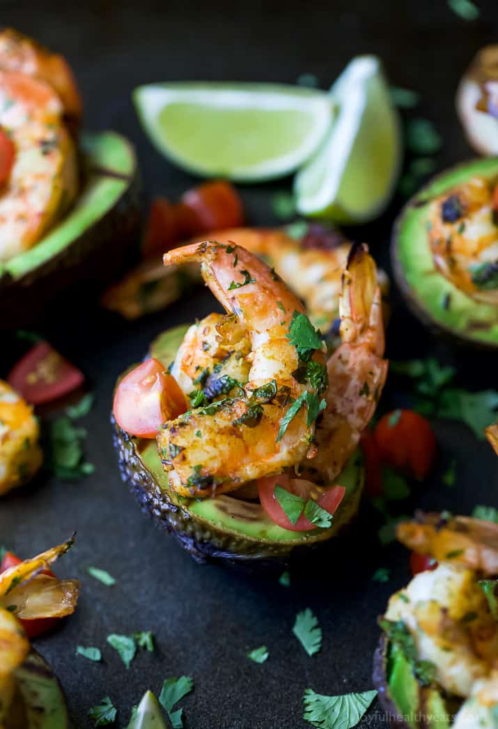 Close-up of Grilled Cilantro Lime Shrimp served in a Grilled Avocado Boat