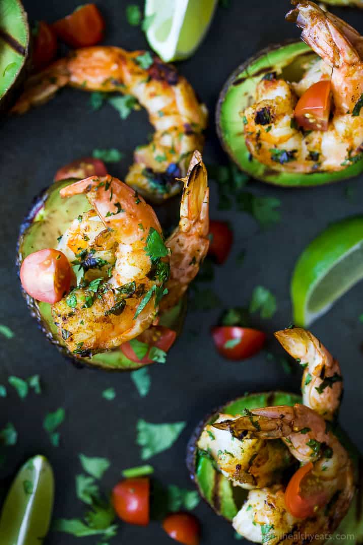Top view of Grilled Cilantro Lime Shrimp served in Grilled Avocado Boats