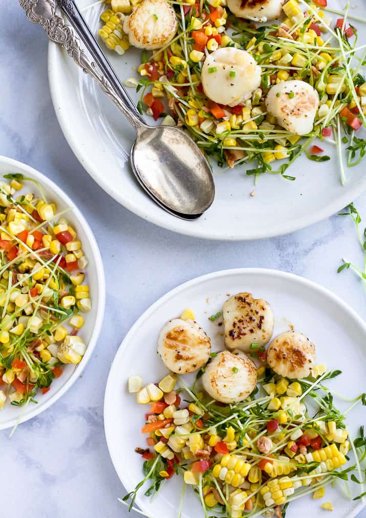 Seared Scallops with Corn Relish filled with pea sprouts, bacon and red pepper. An easy light recipe that screams summer with an easy "how to" to ensure you get perfectly seared scallops every time. #glutenfree