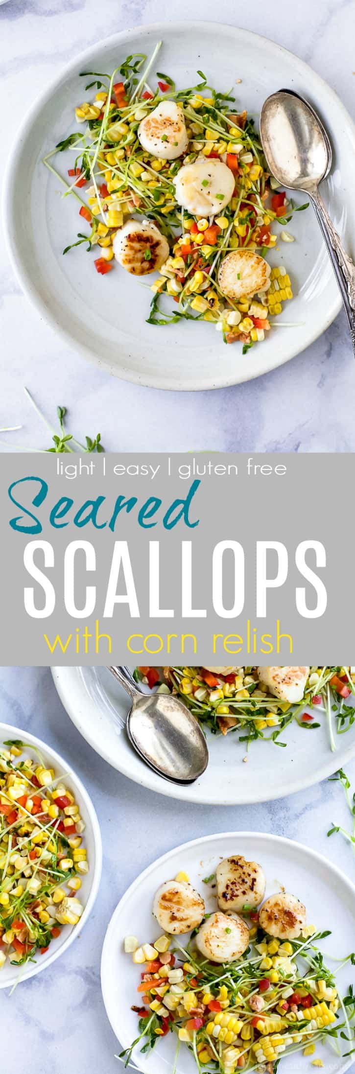 Seared Scallops with Corn Relish filled with pea sprouts, bacon and red pepper. An easy light recipe that screams summer with an easy "how to" to ensure you get perfectly seared scallops every time. #glutenfree