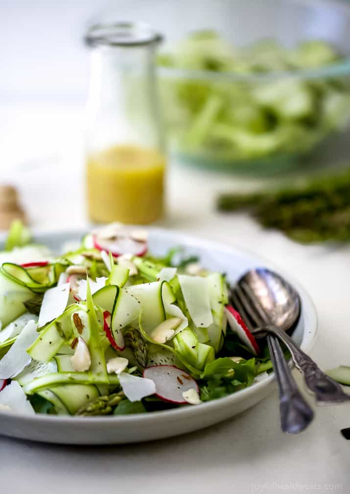 Shaved Zucchini Asparagus Salad loaded with raw greens, radishes, almonds & parmesan then tossed with a Lemon Vinaigrette. This light summer salad focuses on real ingredients and bringing out complex flavors!