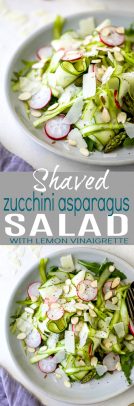 Shaved Zucchini Asparagus Salad loaded with raw greens, radishes, almonds & parmesan then tossed with a Lemon Vinaigrette. This light summer salad focuses on real ingredients and bringing out complex flavors!