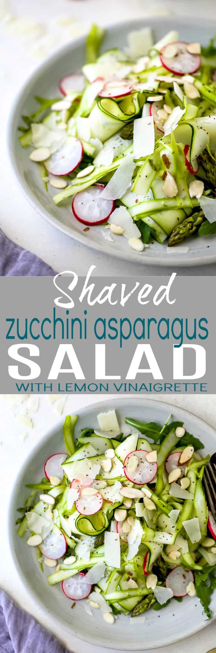 Shaved Zucchini Asparagus Salad loaded with raw greens, radishes, almonds & parmesan then tossed with a Lemon Vinaigrette. This light summer salad focuses on real ingredients and bringing out complex flavors!