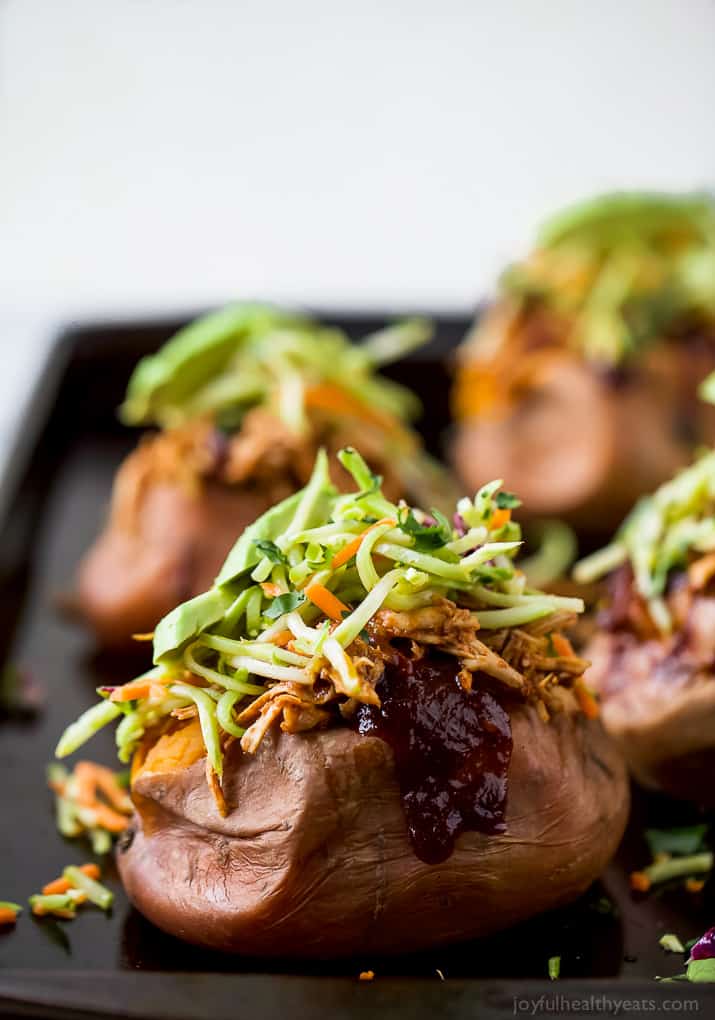 BBQ Chicken Stuffed Sweet Potatoes topped with Broccoli Slaw