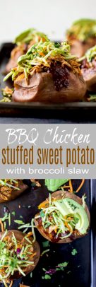 BBQ Chicken Stuffed Sweet Potatoes with Broccoli Slaw