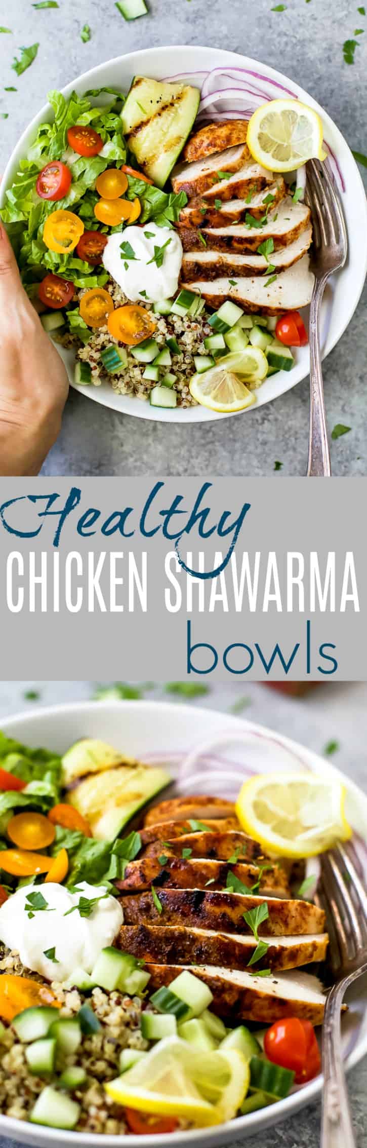 Two images of a chicken quinoa bowl on a countertop with fresh chopped parsley