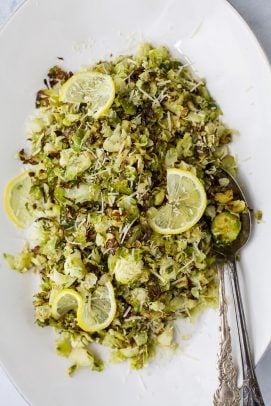 overhead photo of garlic parmesan roasted brussels sprouts