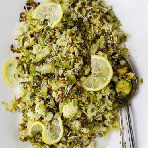 overhead photo of garlic parmesan roasted brussels sprouts