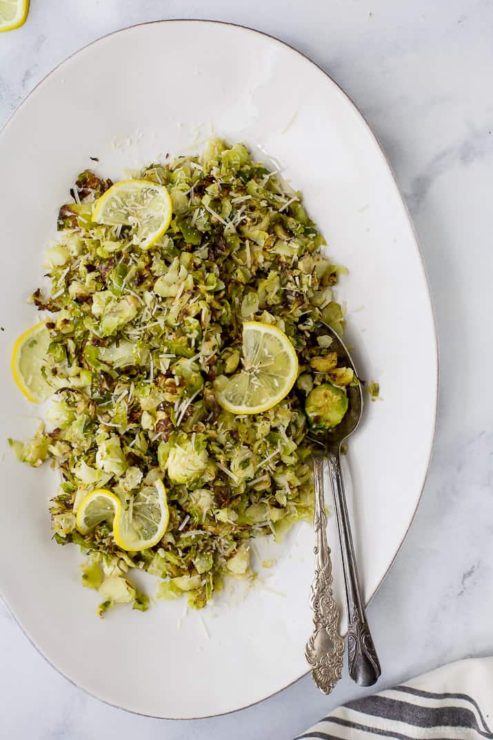 Top view of Garlic Parmesan Roasted Brussels Sprouts on a platter