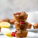 Flourless Lemon Raspberry Protein Muffins with 9 grams of protein per muffin! These berry bursting sugar free muffins are the perfect quick breakfast or post workout snack!