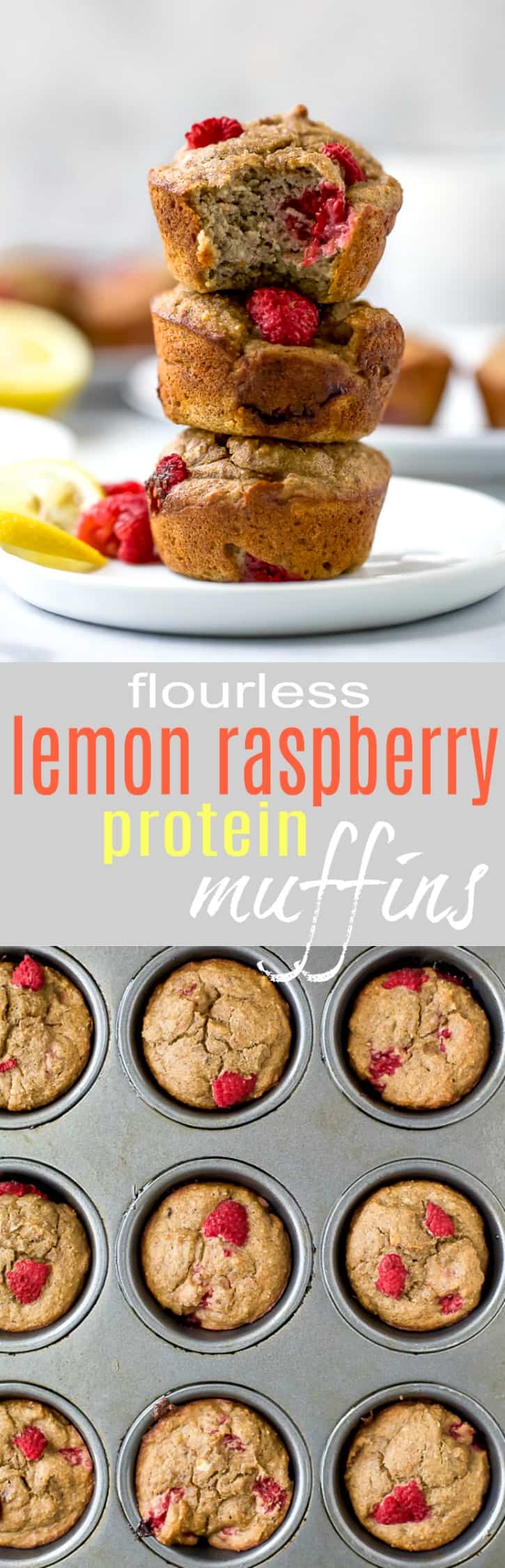 Flourless Lemon Raspberry Protein Muffins with 9 grams of protein per muffin! These berry bursting sugar free muffins are the perfect quick breakfast or post workout snack!