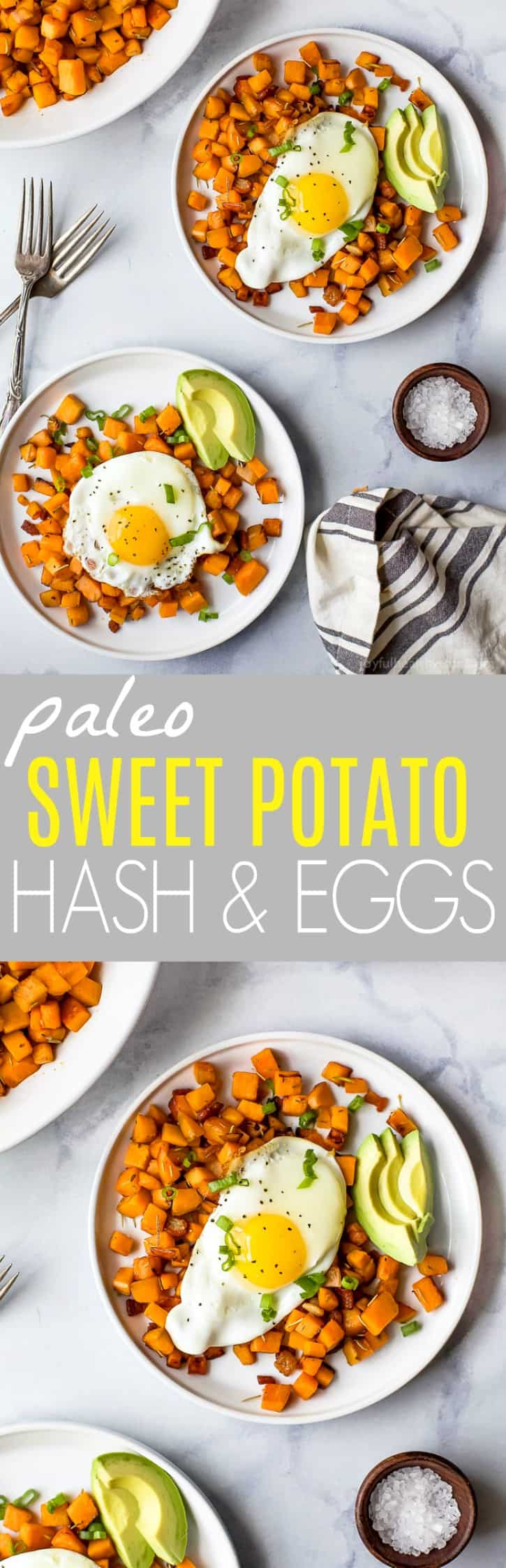 30 Minute Paleo Sweet Potato Hash & Eggs with bacon and avocado. A quick easy breakfast hash that's under 350 calories and so delicious you'll want to devour it!