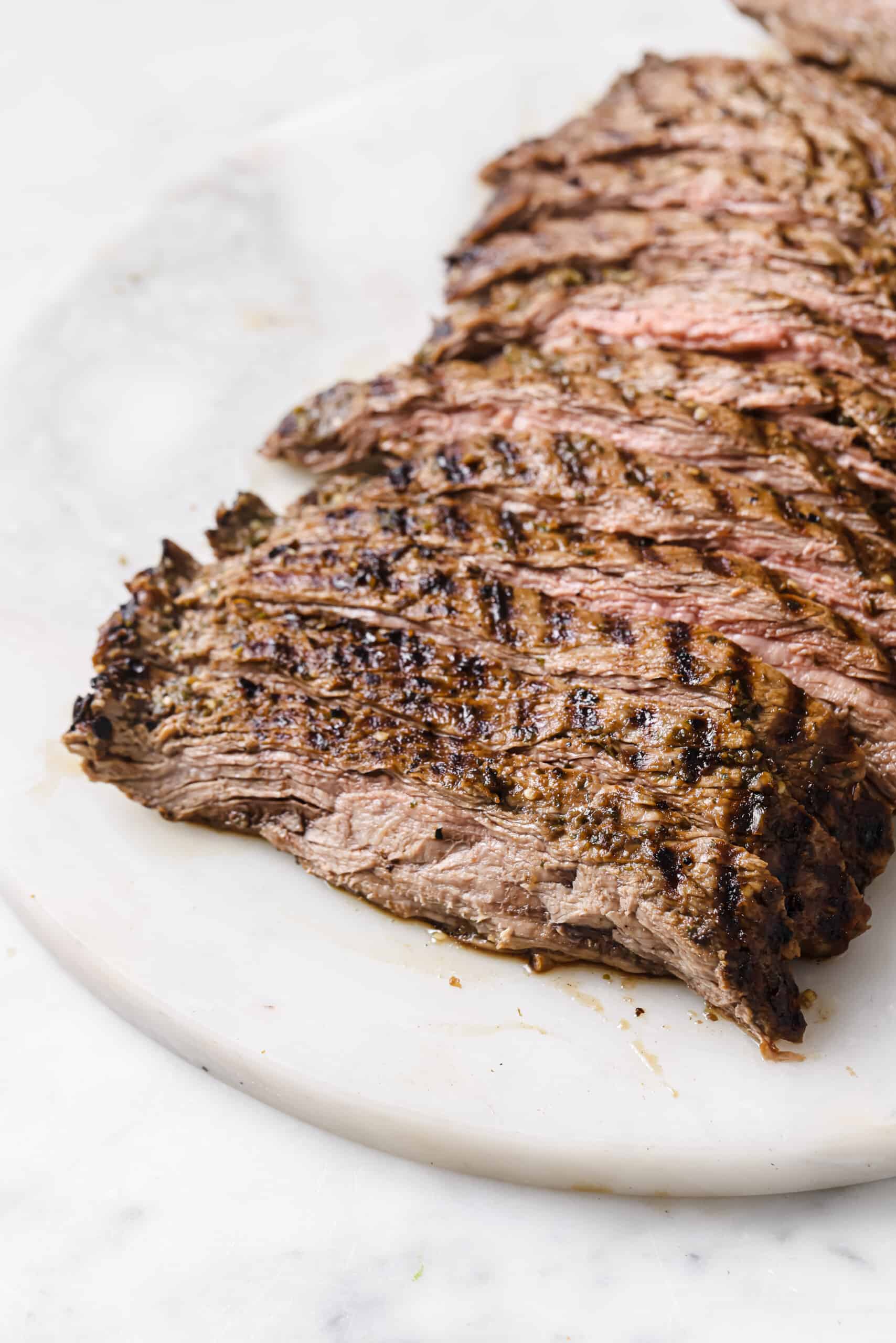 Sliced grilled steak.