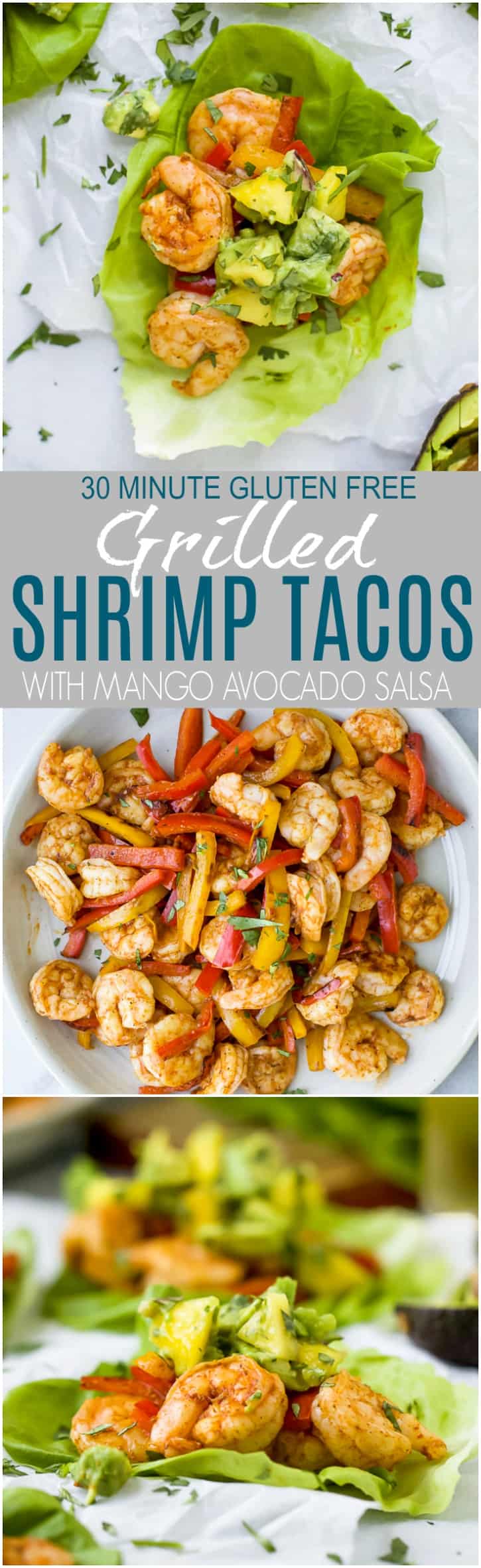 Easy 30 minute Grilled Shrimp Tacos topped with a fresh Mango Avocado Salsa. These flavor bursting gluten free tacos make the perfect light healthy dinner your family will love!