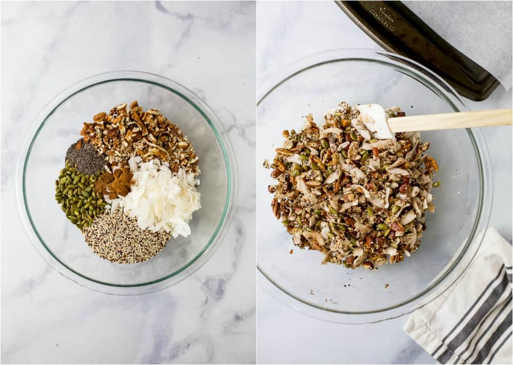 Simple Gluten Free Granola made with nuts, quinoa and toasted coconut. This homemade granola is refined sugar free and loaded with tasty goodness. It's makes the perfect start to your day or mid-day snack!