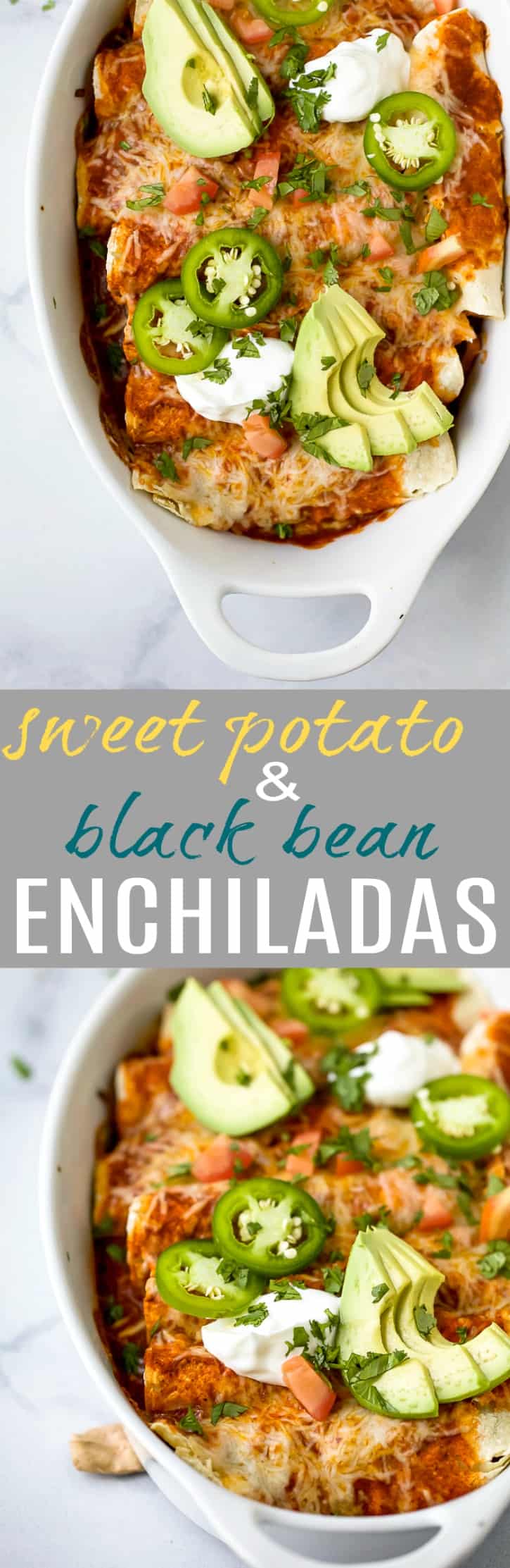 Gluten Free Sweet Potato Black Bean Enchiladas covered in a smoky red chili sauce and gooey cheese. Simple ingredients and lots of flavor make these black bean enchiladas a must try dinner recipe!