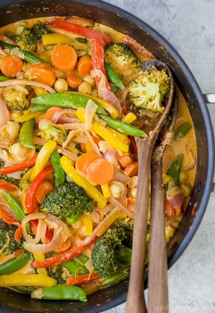 Simple Thai Vegetable Curry, a flavorful 30 minute meal loaded with veggies. It's vegan and gluten free! If you like Thai food you're gonna love this Vegetable Curry - skip the take out and make a healthier version!