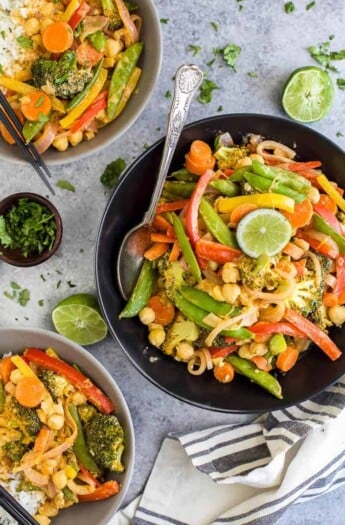 Simple Thai Vegetable Curry, a flavorful 30 minute meal loaded with veggies. It's vegan and gluten free! If you like Thai food you're gonna love this Vegetable Curry - skip the take out and make a healthier version!