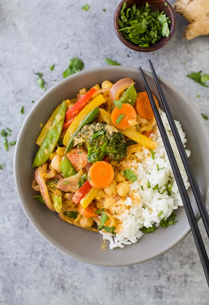 Simple Thai Vegetable Curry, a flavorful 30 minute meal loaded with veggies. It's vegan and gluten free! If you like Thai food you're gonna love this Vegetable Curry - skip the take out and make a healthier version!