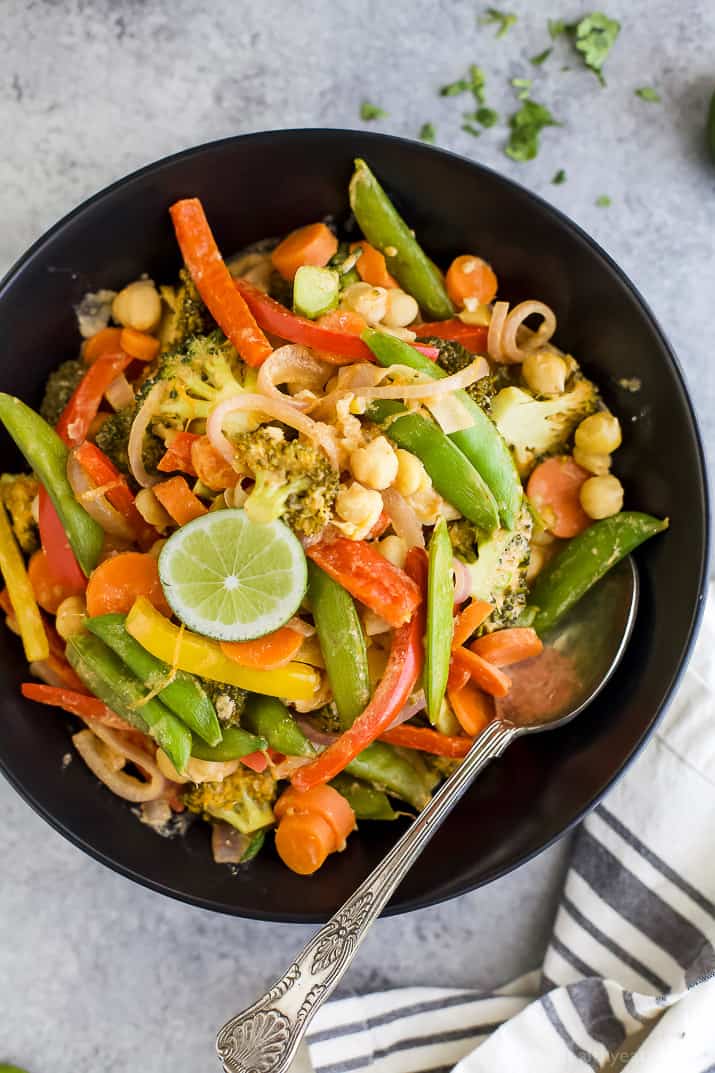 Simple Thai Vegetable Curry, a flavorful 30 minute meal loaded with veggies. It's vegan and gluten free! If you like Thai food you're gonna love this Vegetable Curry - skip the take out and make a healthier version!