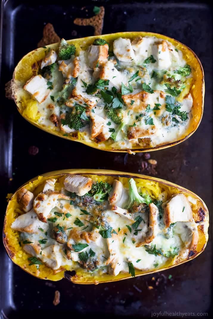 Top view of two Chicken Alfredo Stuffed Spaghetti Squash halves