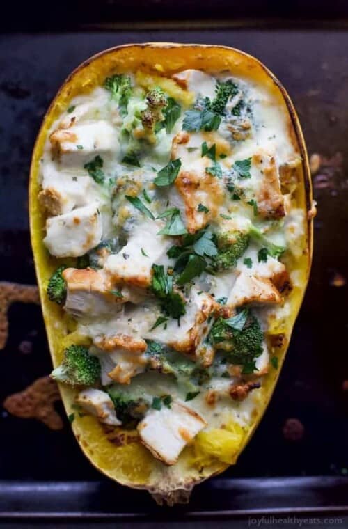 Chicken Alfredo Stuffed Spaghetti Squash, a delicious dinner recipe that screams comfort food but in a healthy way. Spaghetti Squash filled with chicken, broccoli then covered in a cheese sauce! #AD #glutenfree #cabotcheese