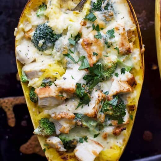 chicken alfredo stuffed spaghetti squash