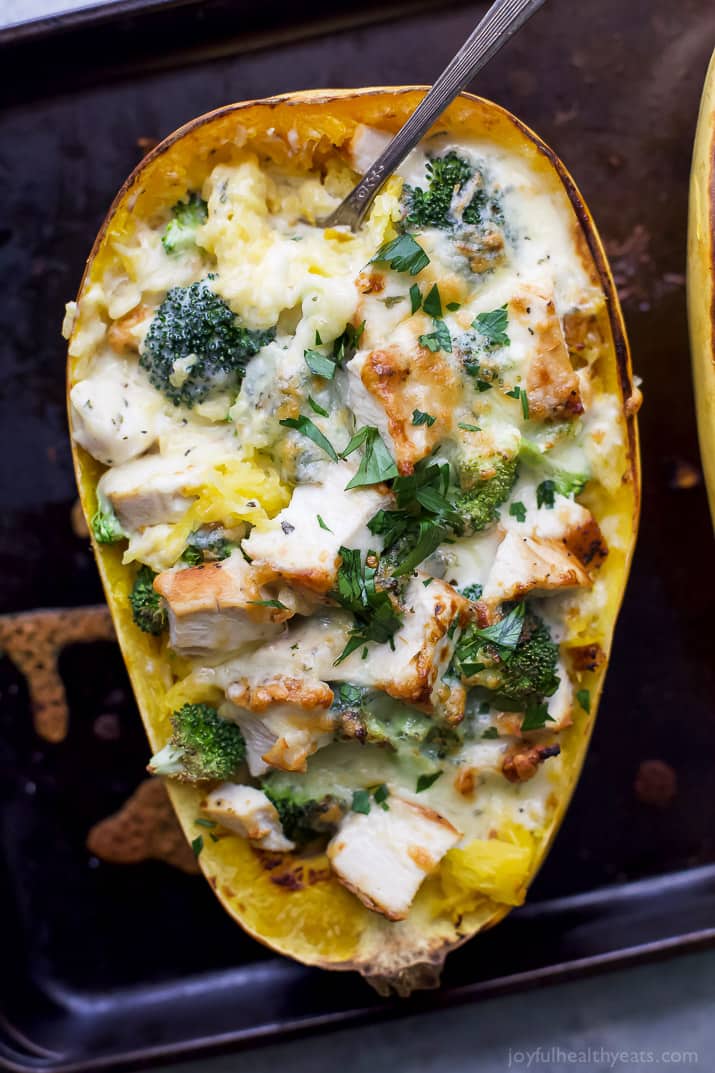 Top view of a Chicken Alfredo Stuffed Spaghetti Squash half