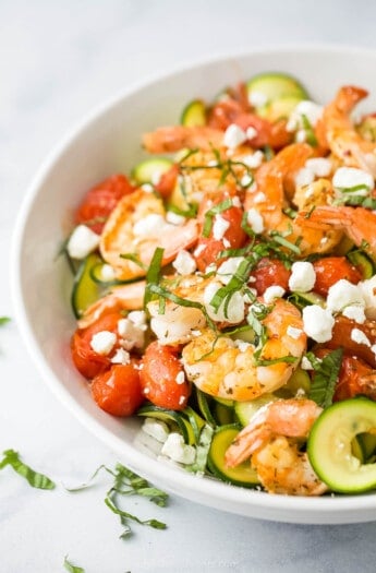 Angled photo of creamy shrimp pasta.