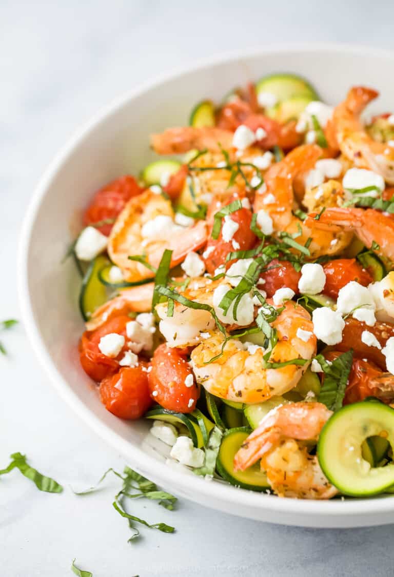 Angled photo of creamy shrimp pasta.