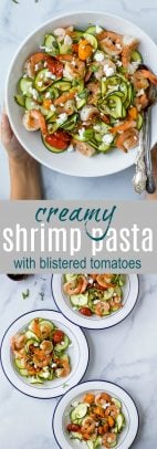 Creamy Shrimp Pasta tossed with Garlic Blistered Tomatoes and goat cheese- a quick easy weeknight meal that's loaded with delicious flavor. Plus this 30 minute pasta recipe is made "low carb" by using zucchini noodles! 
