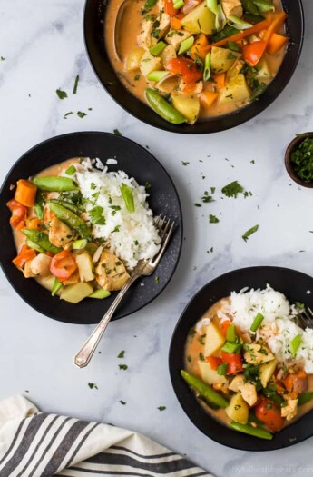 Crock Pot Chicken Curry with coconut milk has never been easier! This simple chicken recipe is the perfect sweet spicy weeknight meal, plus it's loaded with veggies! #glutenfree #dairyfree