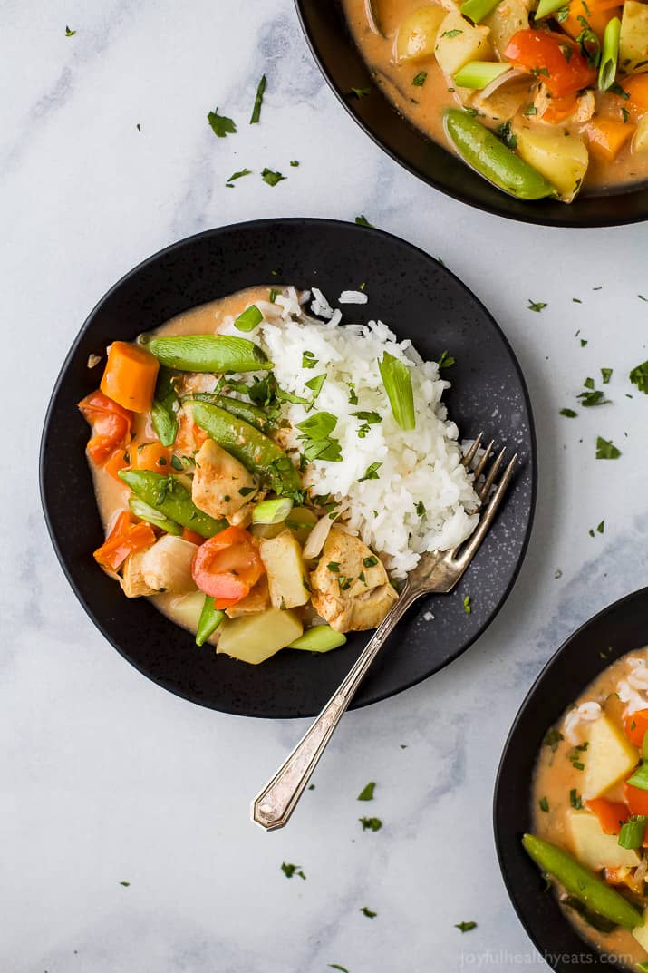 Top view of a bowl of Chicken Curry with white rice