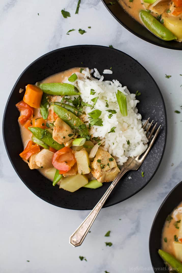 Top view of a bowl of Chicken Curry with white rice